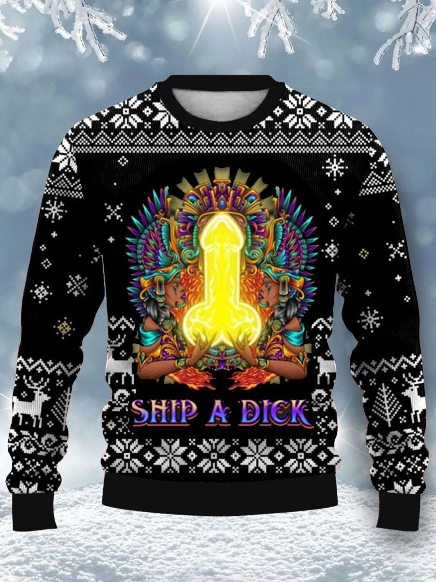 Men DJ Ugly Sweater | Cocks Print Casual Crew Neck Sweatshirt Photo Color