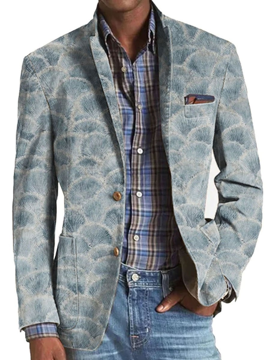 Men TH Print Jacket | Retro Ocean Shells 3 Pocket Casual Blazer Blue