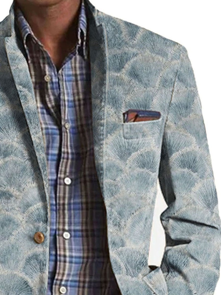 Men TH Print Jacket | Retro Ocean Shells 3 Pocket Casual Blazer Blue