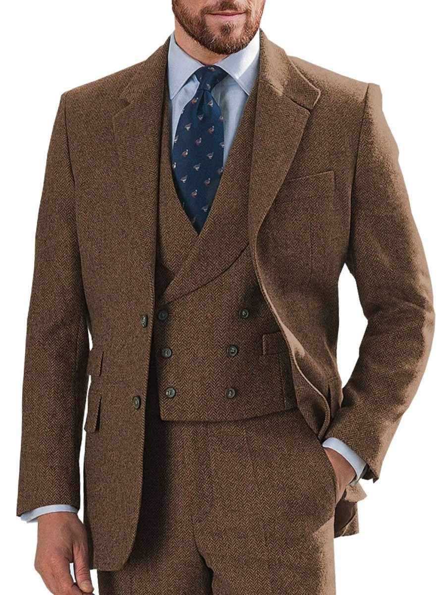 Men BXL Jacket | Men'S Herringbone Wool Multi-Pocket Casual Blazer Brown