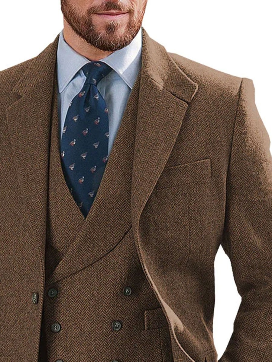 Men BXL Jacket | Men'S Herringbone Wool Multi-Pocket Casual Blazer Brown