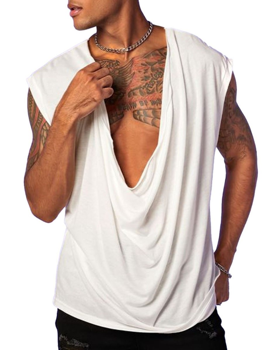 Men DJ Casual Shirts | V-Neck Solid Color Sleeveless Casual Vest White