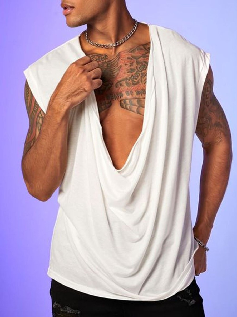 Men DJ Casual Shirts | V-Neck Solid Color Sleeveless Casual Vest White