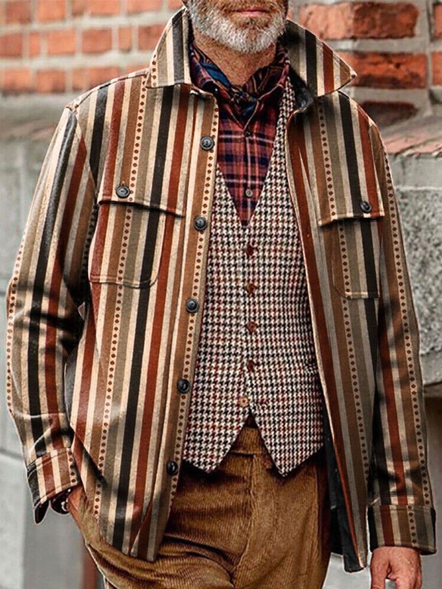 Men DJ Print Jacket | Vintage Striped Print Pocket Lapel Corduroy Jacket Photo Color