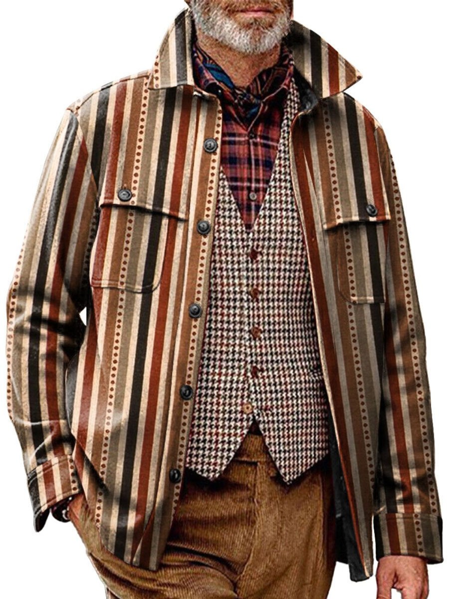 Men DJ Print Jacket | Vintage Striped Print Pocket Lapel Corduroy Jacket Photo Color