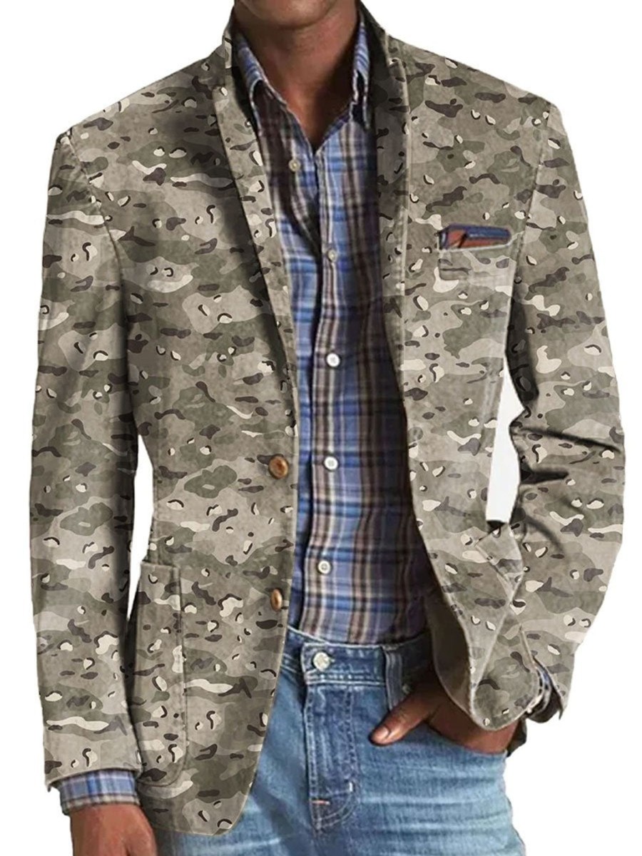 Men BXL Print Jacket | Men'S Retro Camouflage Print Casual Blazer Sand Color