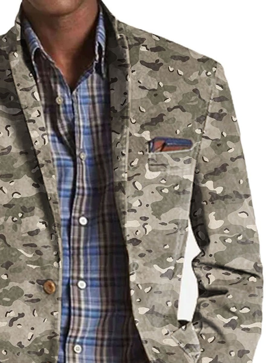 Men BXL Print Jacket | Men'S Retro Camouflage Print Casual Blazer Sand Color