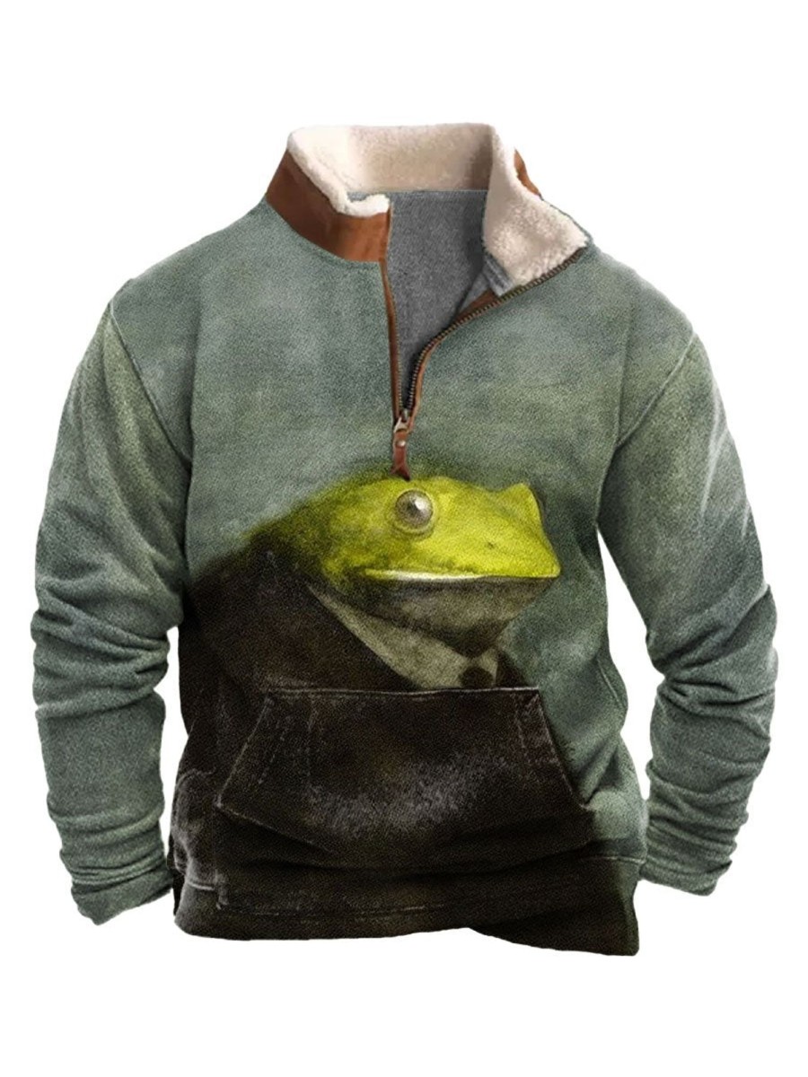 Men BXL T-Shirts | Men'S Casual Fun Animal Frog Print Pocket Polo Fleece Sweatshirt Green