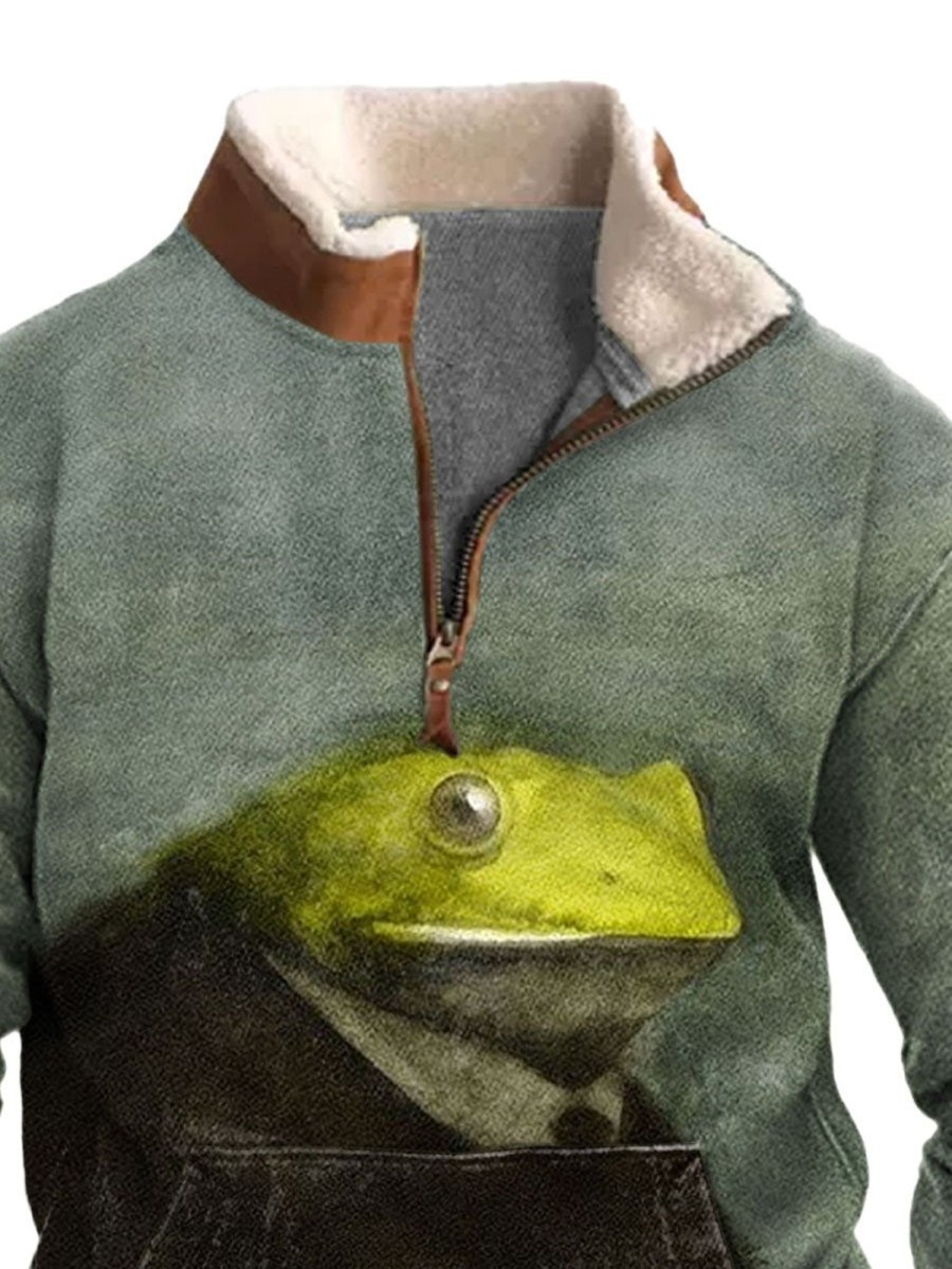 Men BXL T-Shirts | Men'S Casual Fun Animal Frog Print Pocket Polo Fleece Sweatshirt Green