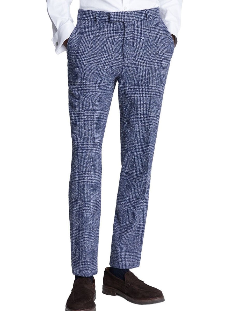 Men BXL Bottoms | Men'S Retro Houndstooth Wool Casual Elastic Waist Suit Pants Blue