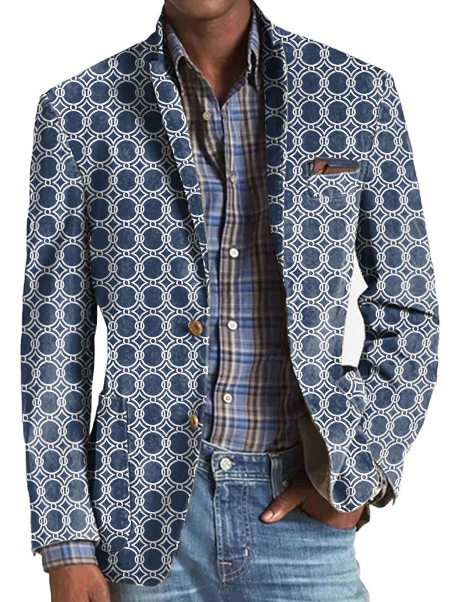 Men BXL Print Jacket | Men'S Geometric Print Pocket Casual Blazer Blue