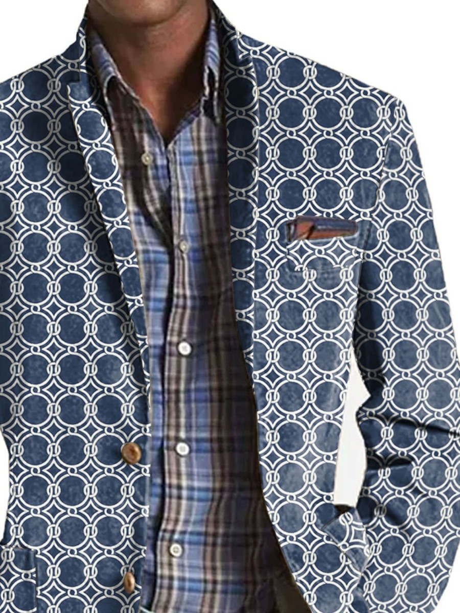 Men BXL Print Jacket | Men'S Geometric Print Pocket Casual Blazer Blue