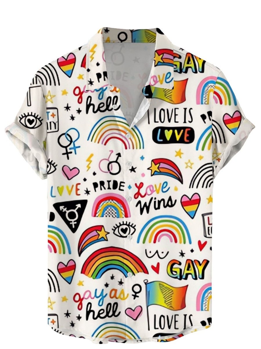 Men DJ Shirts | Rainbow Lgbt Love Is Love Print Casual Short Sleeve Shirt White