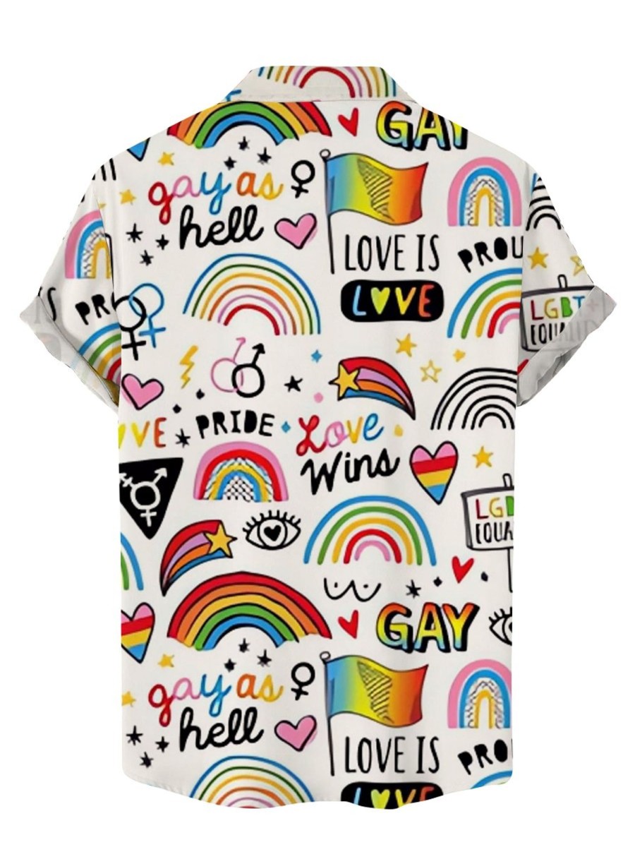 Men DJ Shirts | Rainbow Lgbt Love Is Love Print Casual Short Sleeve Shirt White