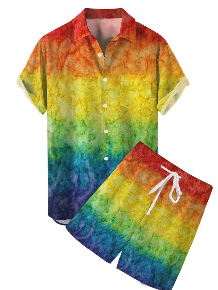 Men HLJ Set | Gradient Rainbow Textured Print Pocket Short Sleeve Shirt Set Iridescent