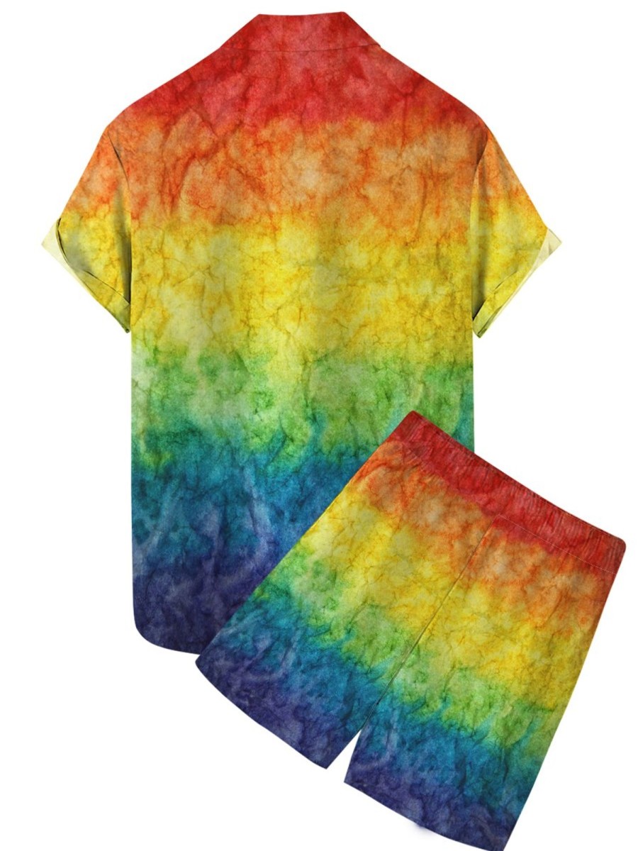 Men HLJ Set | Gradient Rainbow Textured Print Pocket Short Sleeve Shirt Set Iridescent