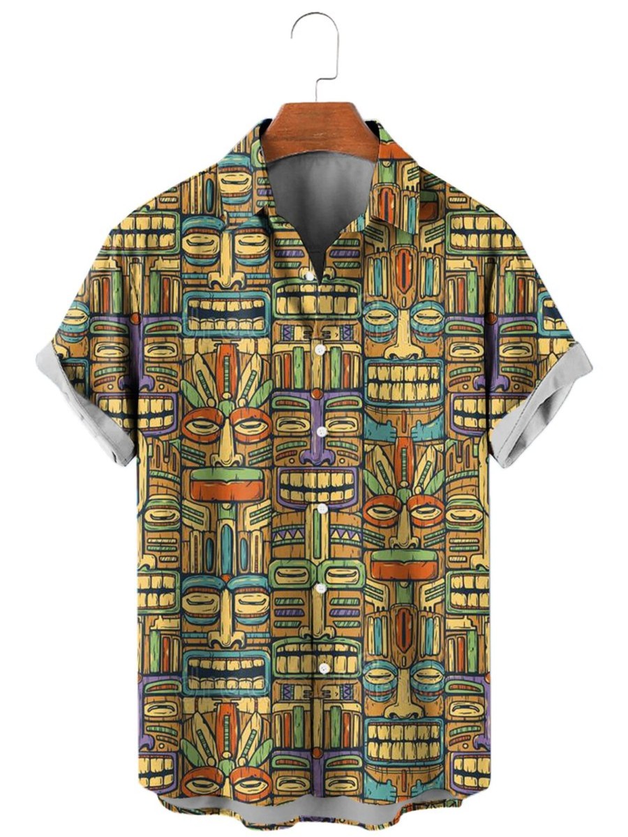 Men HLJ Shirts | Men'S Vacation Casual Maori Face Tattoo Printed Short Sleeve Shirt Khaki