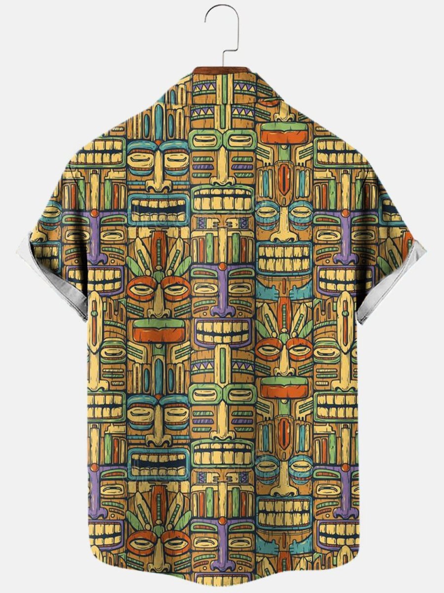 Men HLJ Shirts | Men'S Vacation Casual Maori Face Tattoo Printed Short Sleeve Shirt Khaki