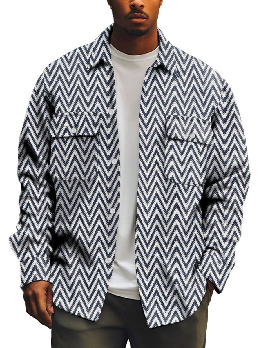 Men DJ Print Jacket | Vintage And White Herringbone Print Double Pocket Shirt Jacket Black