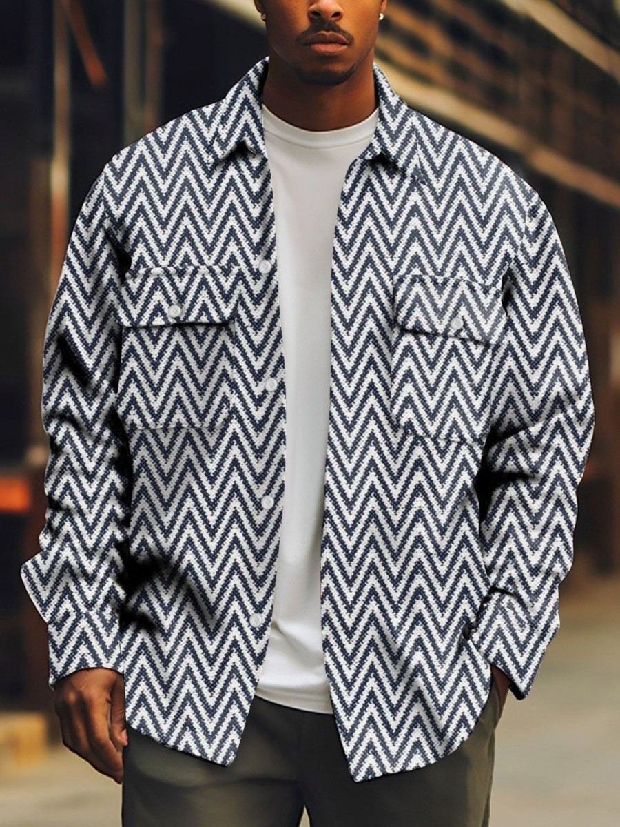 Men DJ Print Jacket | Vintage And White Herringbone Print Double Pocket Shirt Jacket Black