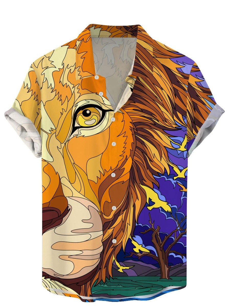 Men BXL Shirts | Lion Print Casual Resort Short Sleeve Shirt Photo Color