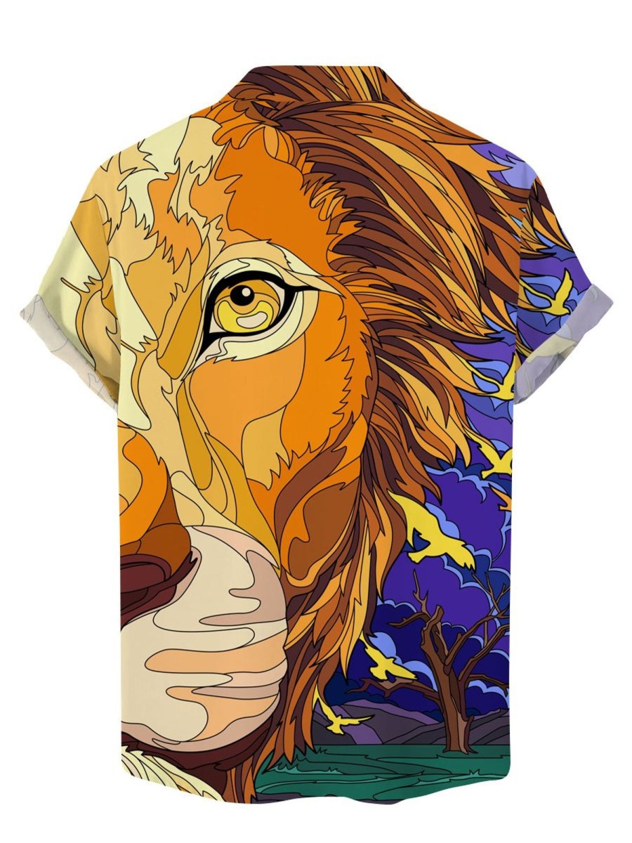 Men BXL Shirts | Lion Print Casual Resort Short Sleeve Shirt Photo Color