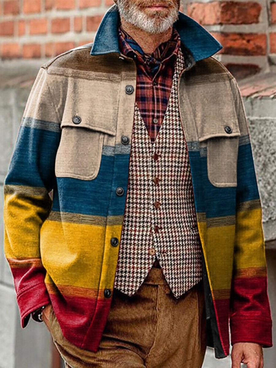 Men DJ Print Jacket | Vintage Colorful Striped Printed Corduroy Pocket Lapel Casual Jacket Photo Color