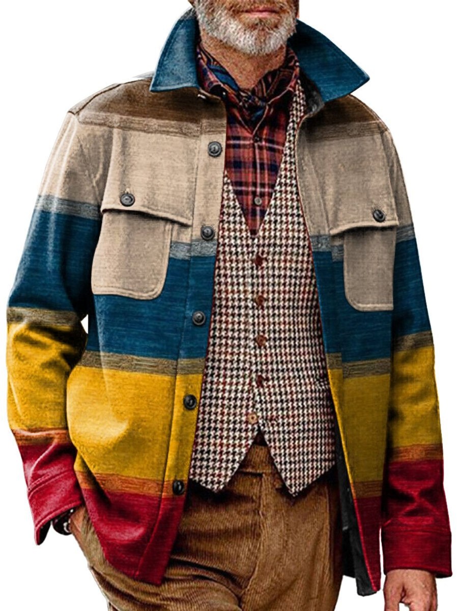 Men DJ Print Jacket | Vintage Colorful Striped Printed Corduroy Pocket Lapel Casual Jacket Photo Color