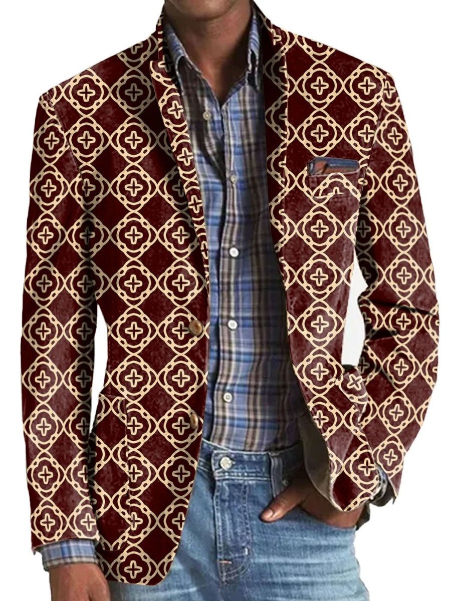 Men BXL Print Jacket | Men'S Retro Geometric Clover Print Pocket Casual Blazer Wine Red