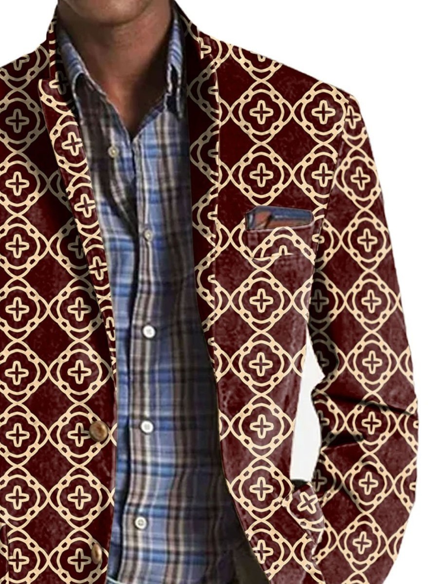 Men BXL Print Jacket | Men'S Retro Geometric Clover Print Pocket Casual Blazer Wine Red