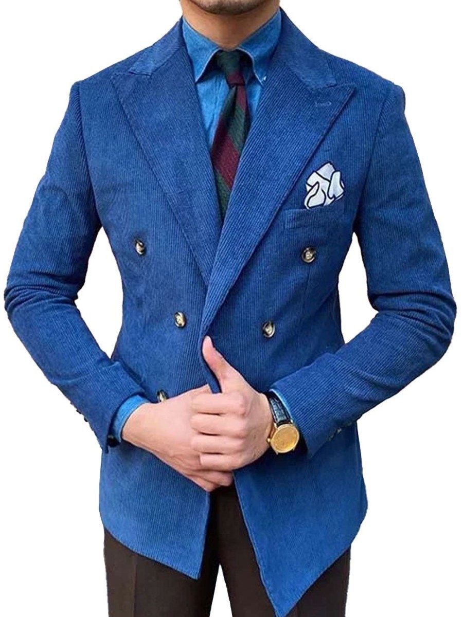 Men BXL Jacket | Men'S Solid Color Corduroy Double Breasted Casual Blazer Royal Blue