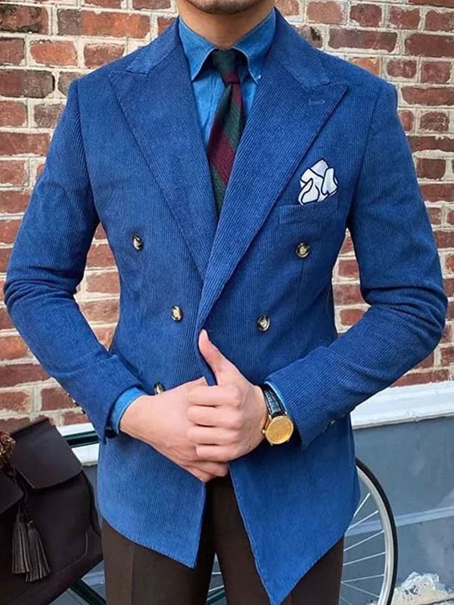 Men BXL Jacket | Men'S Solid Color Corduroy Double Breasted Casual Blazer Royal Blue