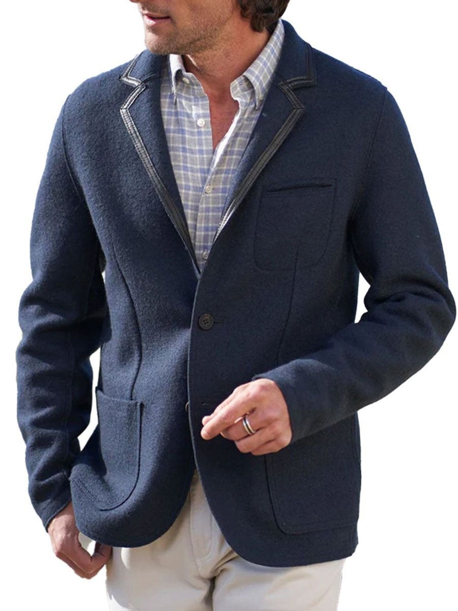 Men DJ Jacket | Solid Color 3 Pocket Lapel Casual Woolen Blazer Navy