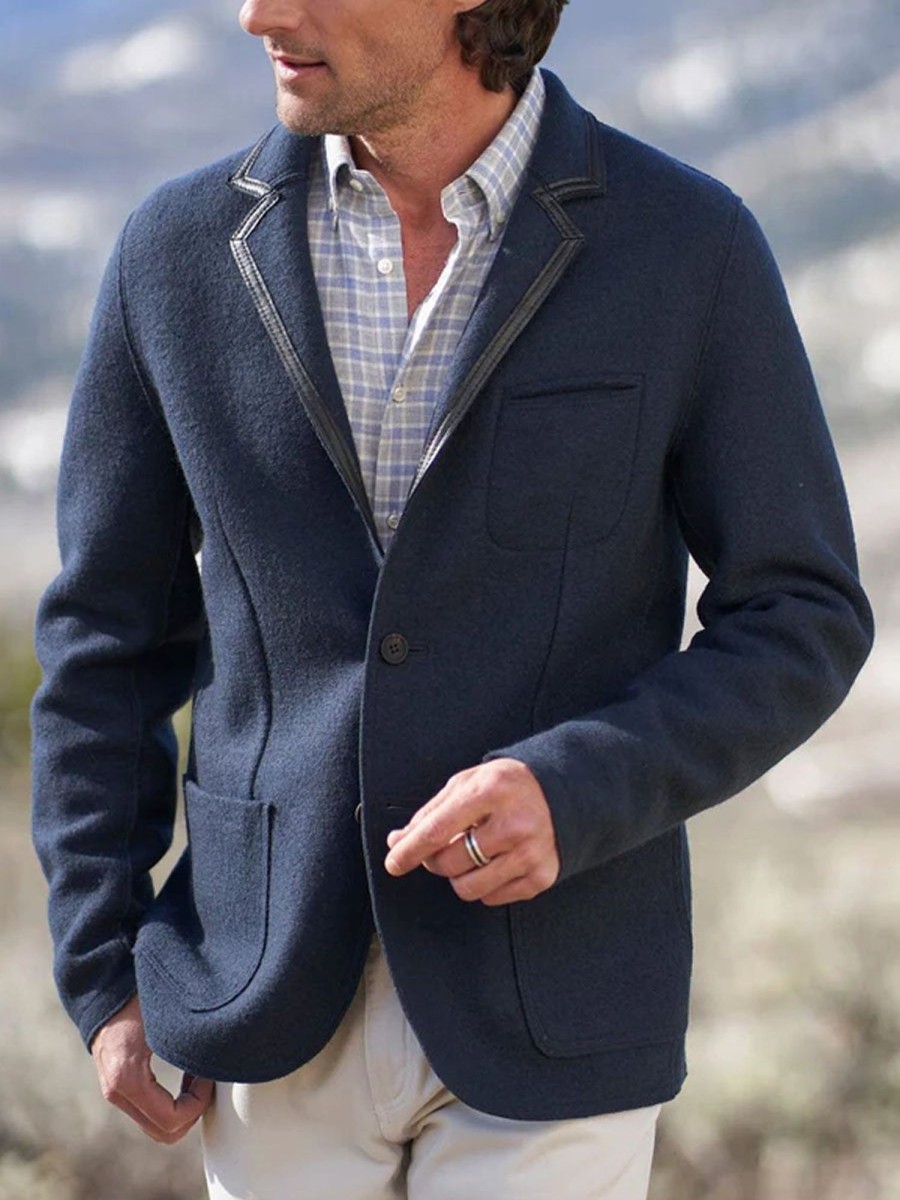 Men DJ Jacket | Solid Color 3 Pocket Lapel Casual Woolen Blazer Navy