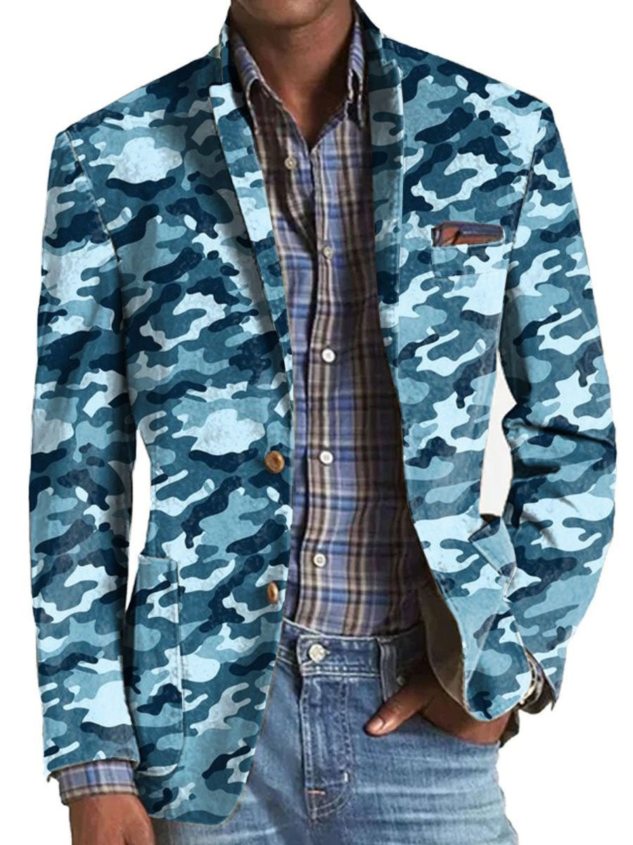 Men DJ Print Jacket | American Retro Camouflage Print 3-Pocket Blazer Blue