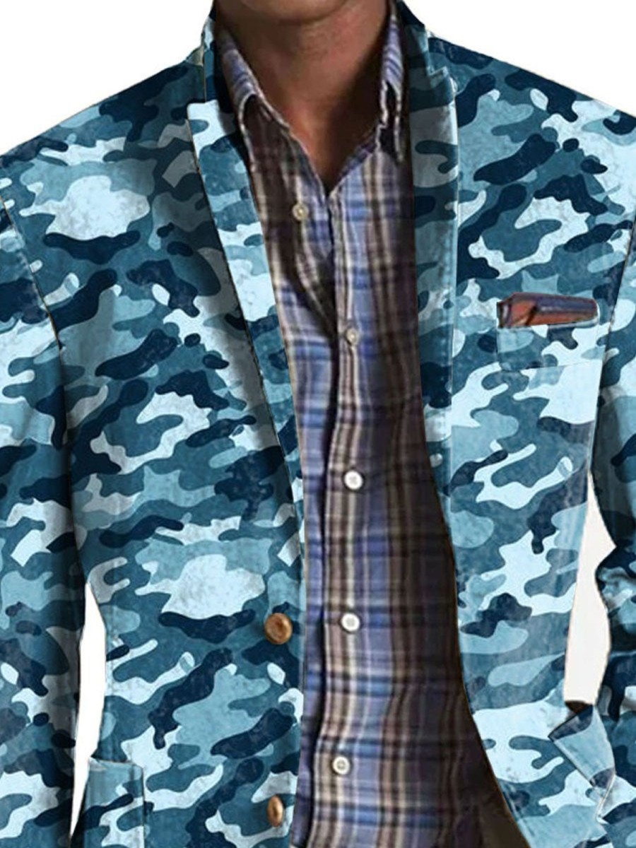 Men DJ Print Jacket | American Retro Camouflage Print 3-Pocket Blazer Blue