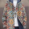 Men DJ Jacket | Retro Geometric Print Hooded Pockets And Fleece Warm Jacket Photo Color