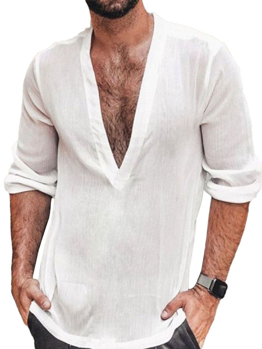 Men DJ Casual Shirts | V-Neck Solid Color Casual Long-Sleeved Shirt White