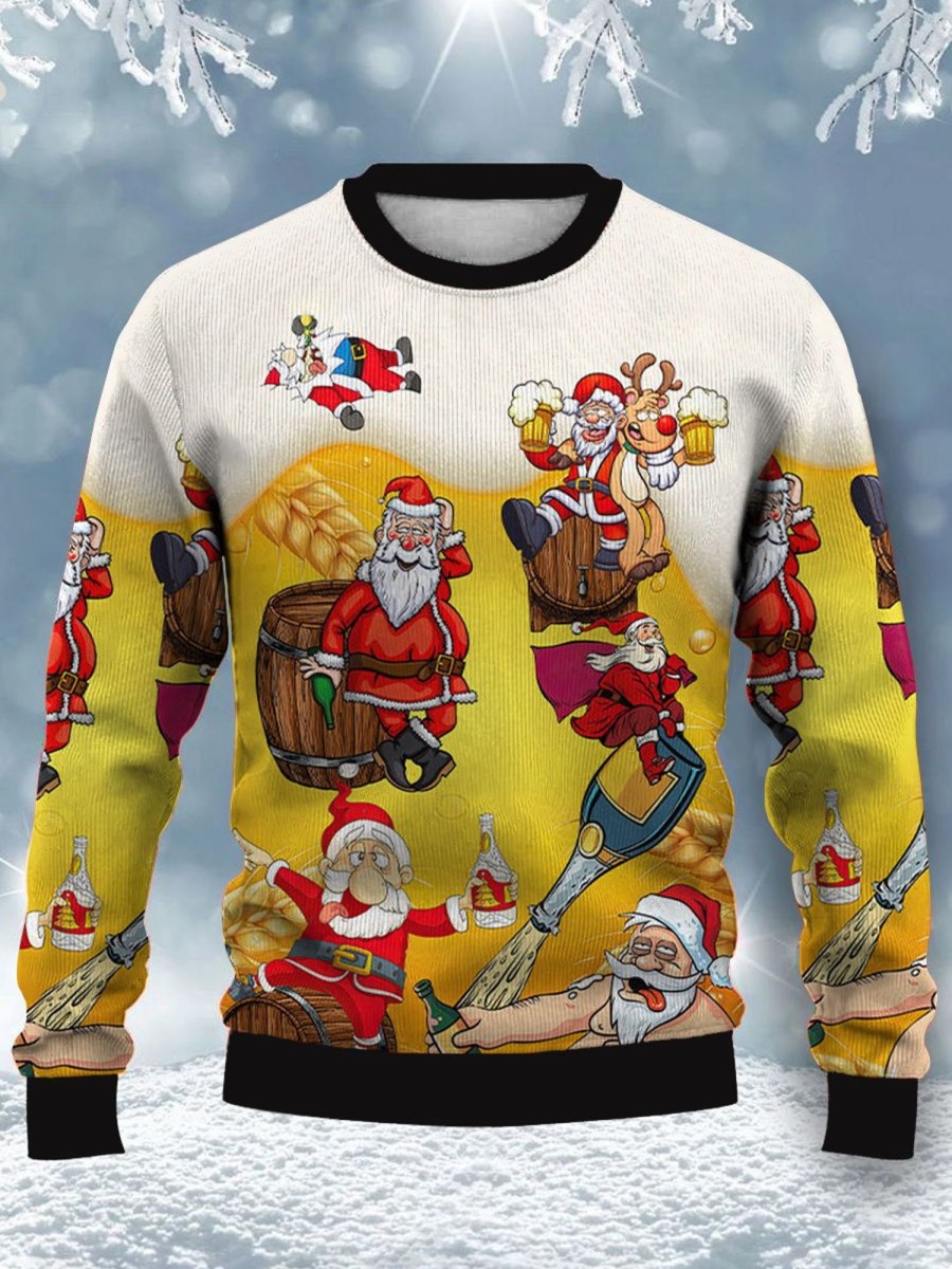 Men DJ Ugly Sweater | Christmas Fun Beer Cartoon Print Casual Crew Neck Sweatshirt Yellow