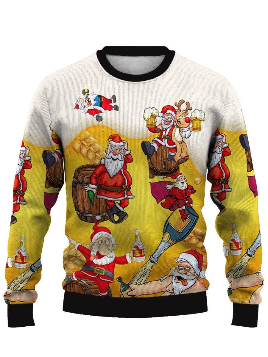 Men DJ Ugly Sweater | Christmas Fun Beer Cartoon Print Casual Crew Neck Sweatshirt Yellow