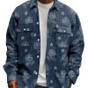 Men DJ Print Jacket | Vintage Floral Print Double Pocket Casual Jacket Navy