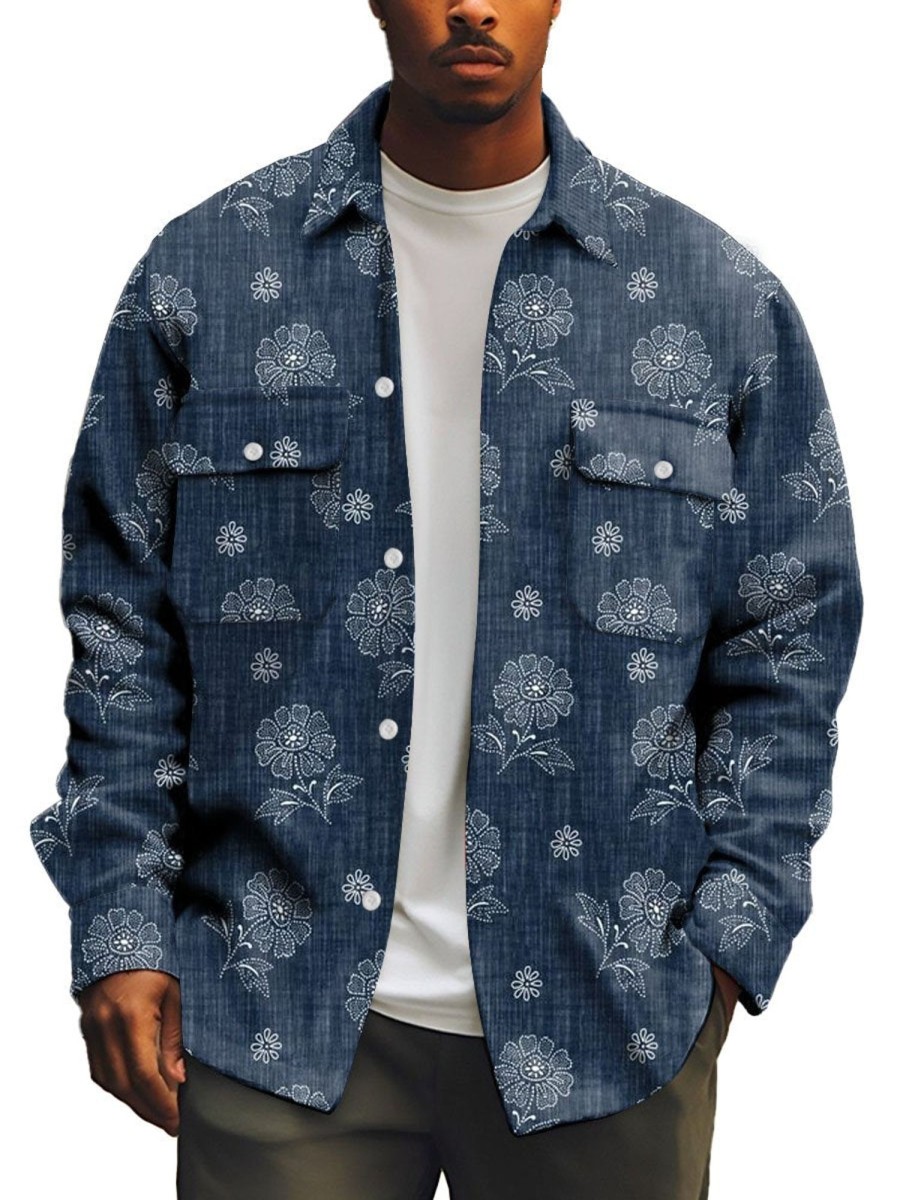 Men DJ Print Jacket | Vintage Floral Print Double Pocket Casual Jacket Navy