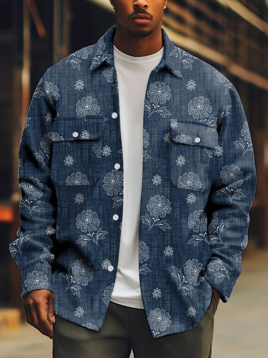 Men DJ Print Jacket | Vintage Floral Print Double Pocket Casual Jacket Navy