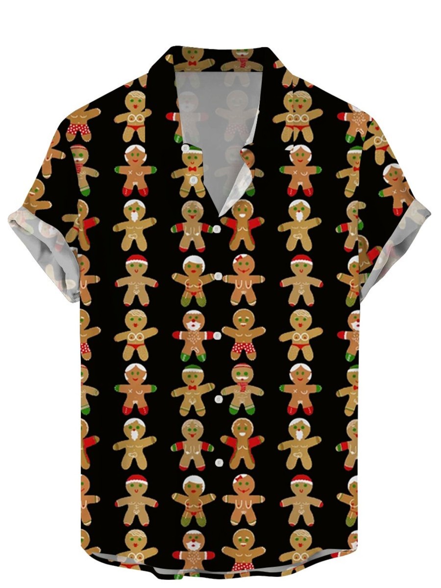 Men DJ Shirts | Fun Christmas Cookie Boobs Print Short Sleeve Shirt Black