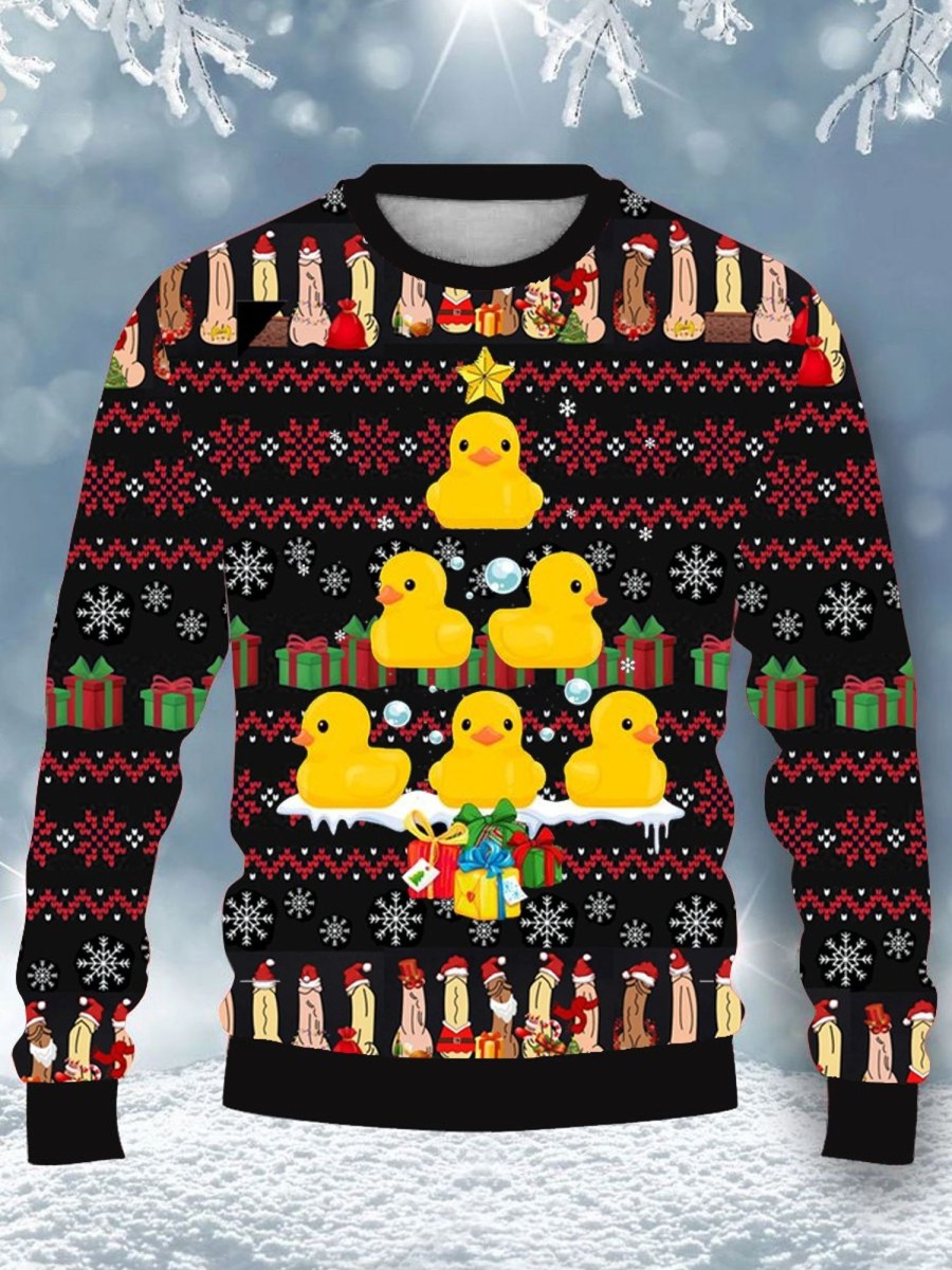 Men DJ Ugly Sweater | Fun Little Yellow Duck Merry Christmas Printed Casual Crew Neck Sweatshirt Photo Color