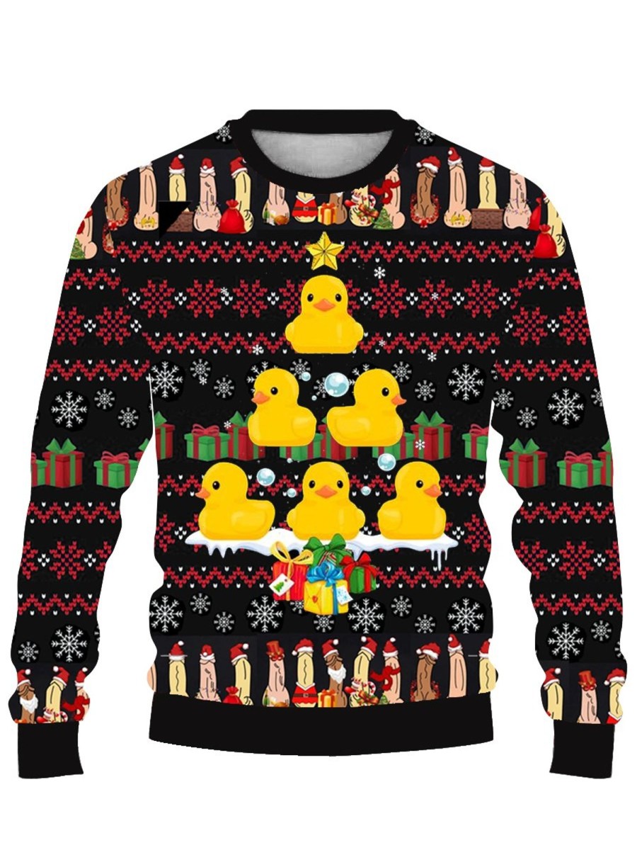 Men DJ Ugly Sweater | Fun Little Yellow Duck Merry Christmas Printed Casual Crew Neck Sweatshirt Photo Color