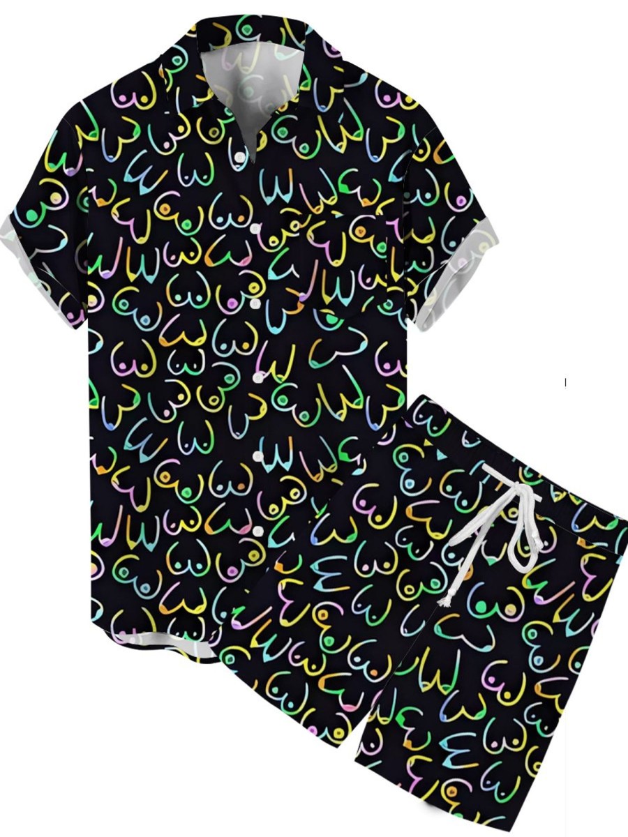 Men DJ Set | Colorful Boobs Print Shirt Shorts Two-Piece Set Black