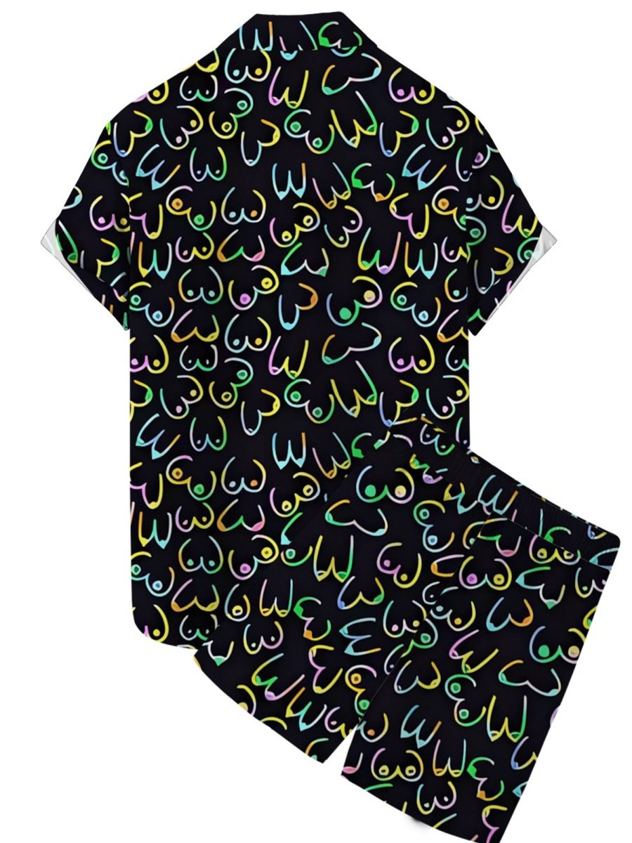 Men DJ Set | Colorful Boobs Print Shirt Shorts Two-Piece Set Black