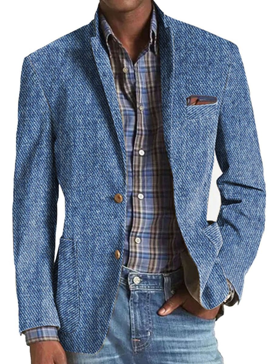 Men BXL Print Jacket | Men'S Vintage Cotton Twill Printed Lapel Multi-Pocket Casual Blazer Blue