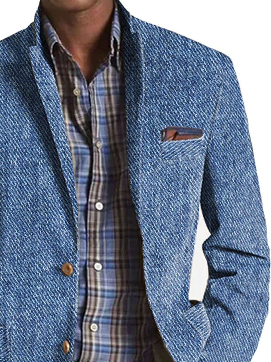 Men BXL Print Jacket | Men'S Vintage Cotton Twill Printed Lapel Multi-Pocket Casual Blazer Blue